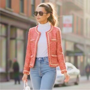 CHANEL Style Orange and Cream Tweed Blazer